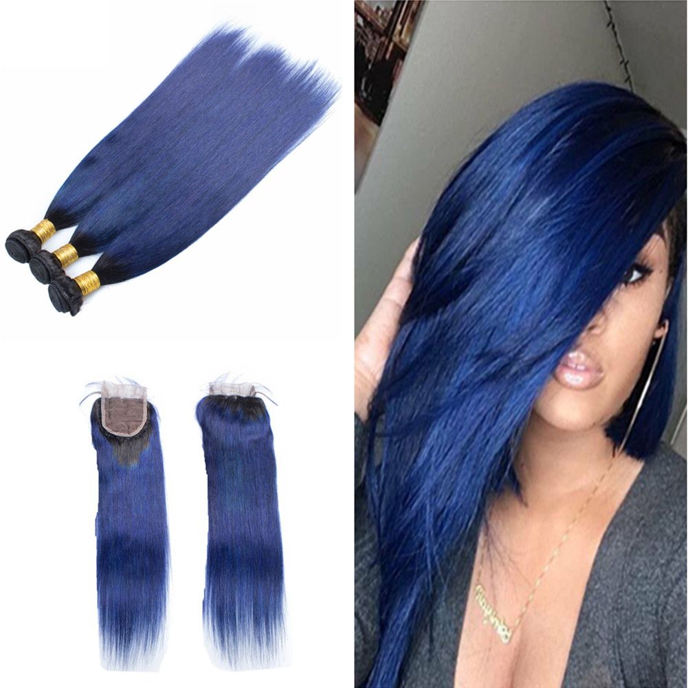 Compre Paquetes De Pelo Azul 1b Sedoso Recta Con Cierre De Encaje Peruana Ombre Azul Marino Trama De Cabello Humano 3 Piezas Con Parte Superior De