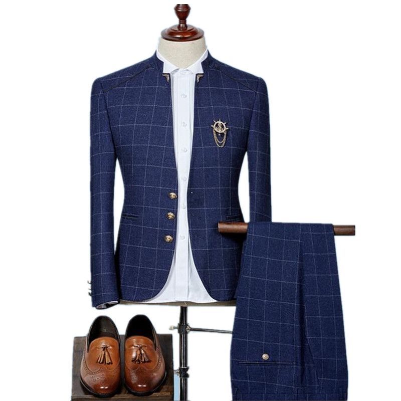Compre YFFUSHI 2018 2 Unidades Hombres Traje Hombres Stand Collar Trajes  Azul Marino Diseño A Cuadros Clásico Tuxedo Trajes De Boda Para Diseño  Delgado 6XL A 92,55 € Del Bamdan | Es.Dhgate.Com