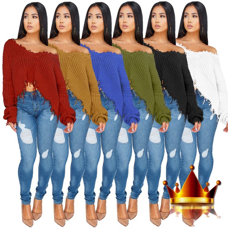 drop shoulder crop frayed sweater