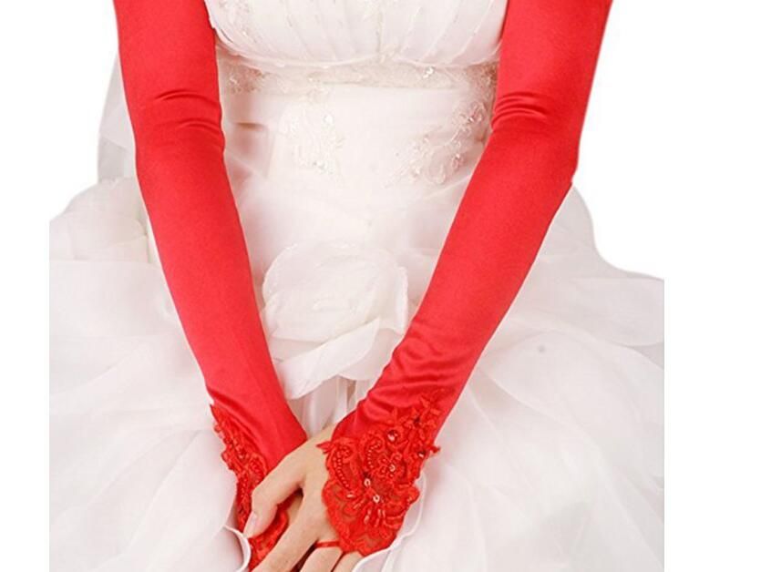 red satin long gloves