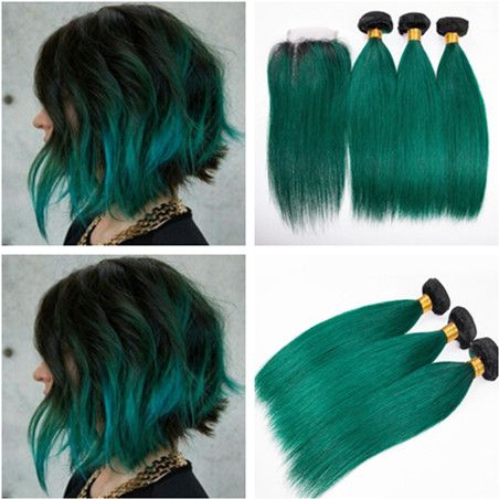Ombre Vergini Verdi E Blu Scuro Dei Capelli Umani Del Tessuto Dei Capelli  Umani Con Chiusura Del Merletto 4x4 Ombre Diritte Dei Capelli # 1B / Verde  Delle Ombre Con Chiusura Da