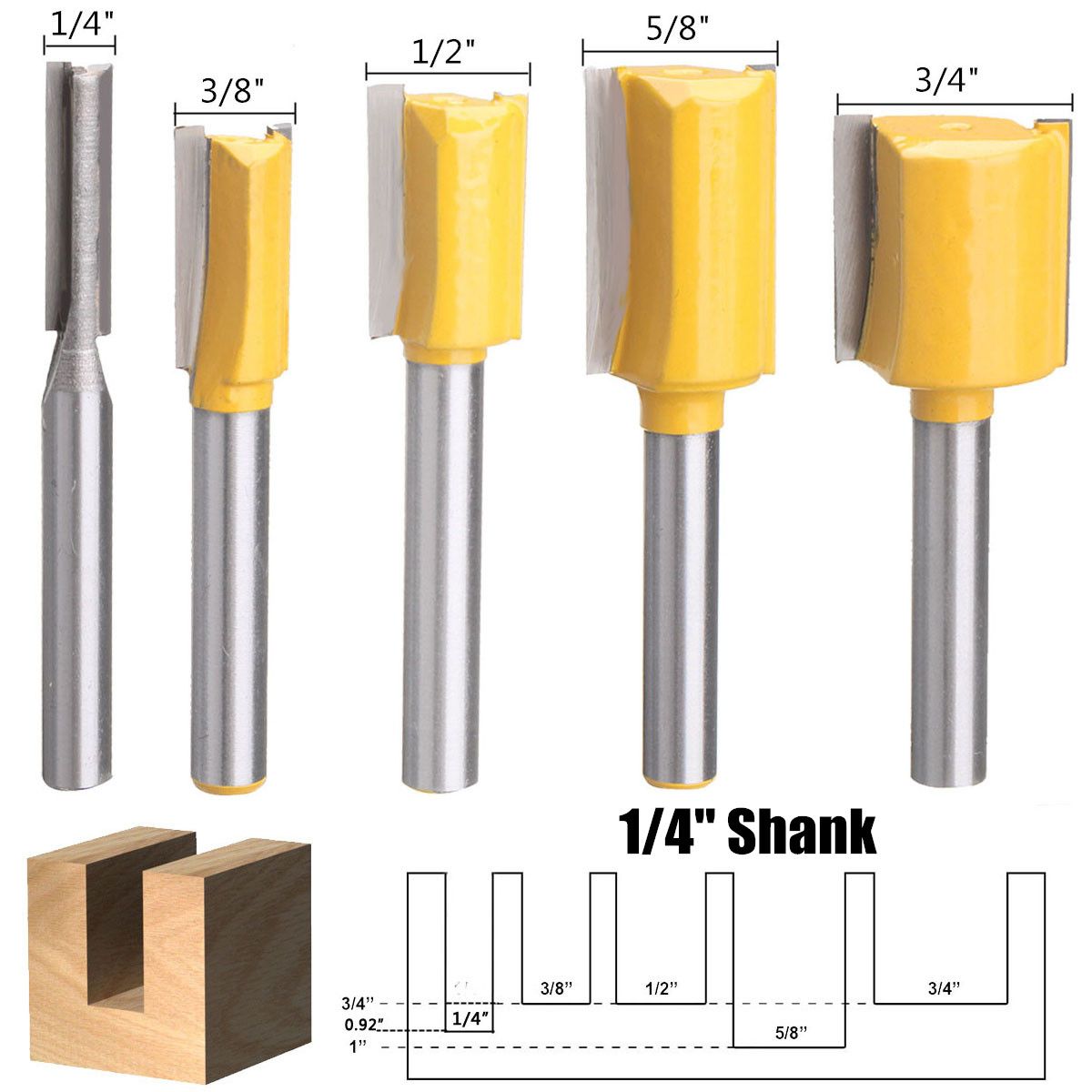 5PCS Straight Cut Router Bits 1/4 Inch Shank Straight Cut Router Bit 1/4 3/8 1/2 5/8 3/4 Woodworking Tool for Woodworking Slotting Edge Trimming 