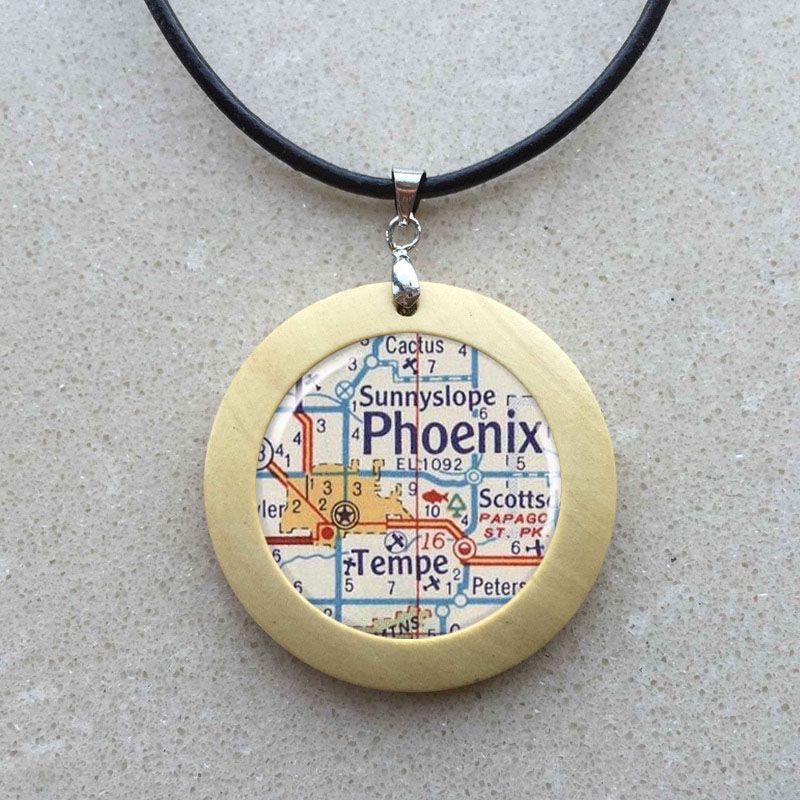 Phoenix Map Necklace Resin Charm Round Silver Color Map Charm Pendant Charm Phoenix Arizona Map Jewelry