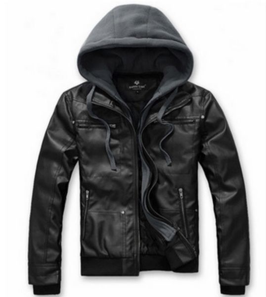Slim Hooded Leave Two Mens Motorcycle Leather Jacket Fashion Slim Hooded Leave Two Mens Motorcycle Leather Jacket