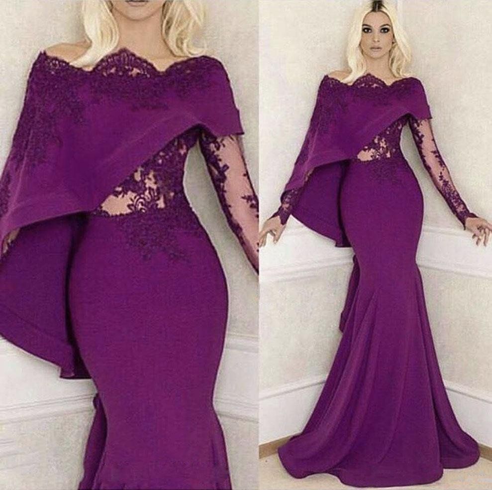 2021 Vestidos de noche de manga larga Púrpura Bridal Sexy Largo Robe De Promo Sirena
