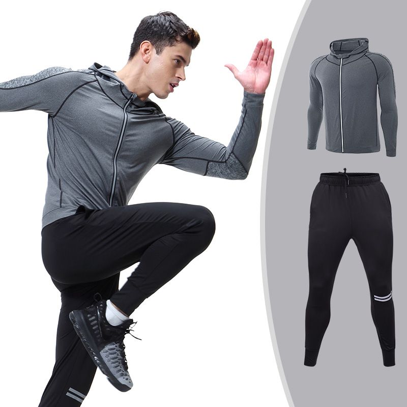 para correr con capucha y cremallera traje deportivo de entrenamiento Chándal de 2PC para hombre conjunto de ropa deportiva de gimnasio #Black coat 