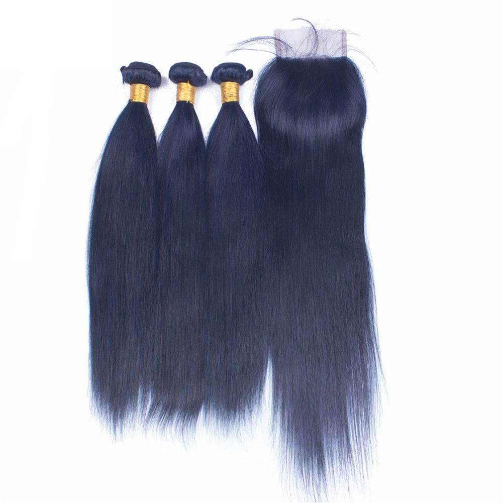Dark Blue Straight Human Hair 3bundles With Lace Closure Pure