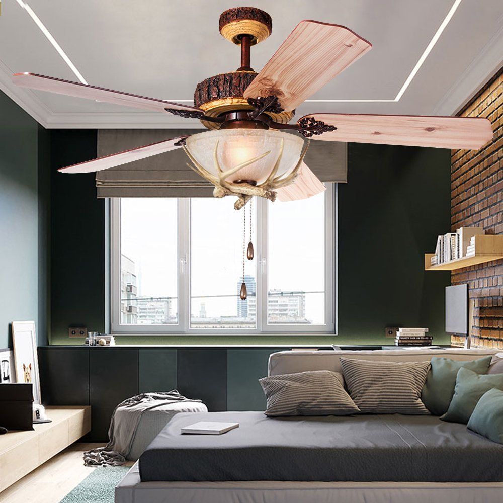 2019 Rustic Ceiling Fan 52inch Indoor Home Decoration Living Room Antlers Silent Industrial Fans Chandelier Vintage Pendant Light Wood Blades From