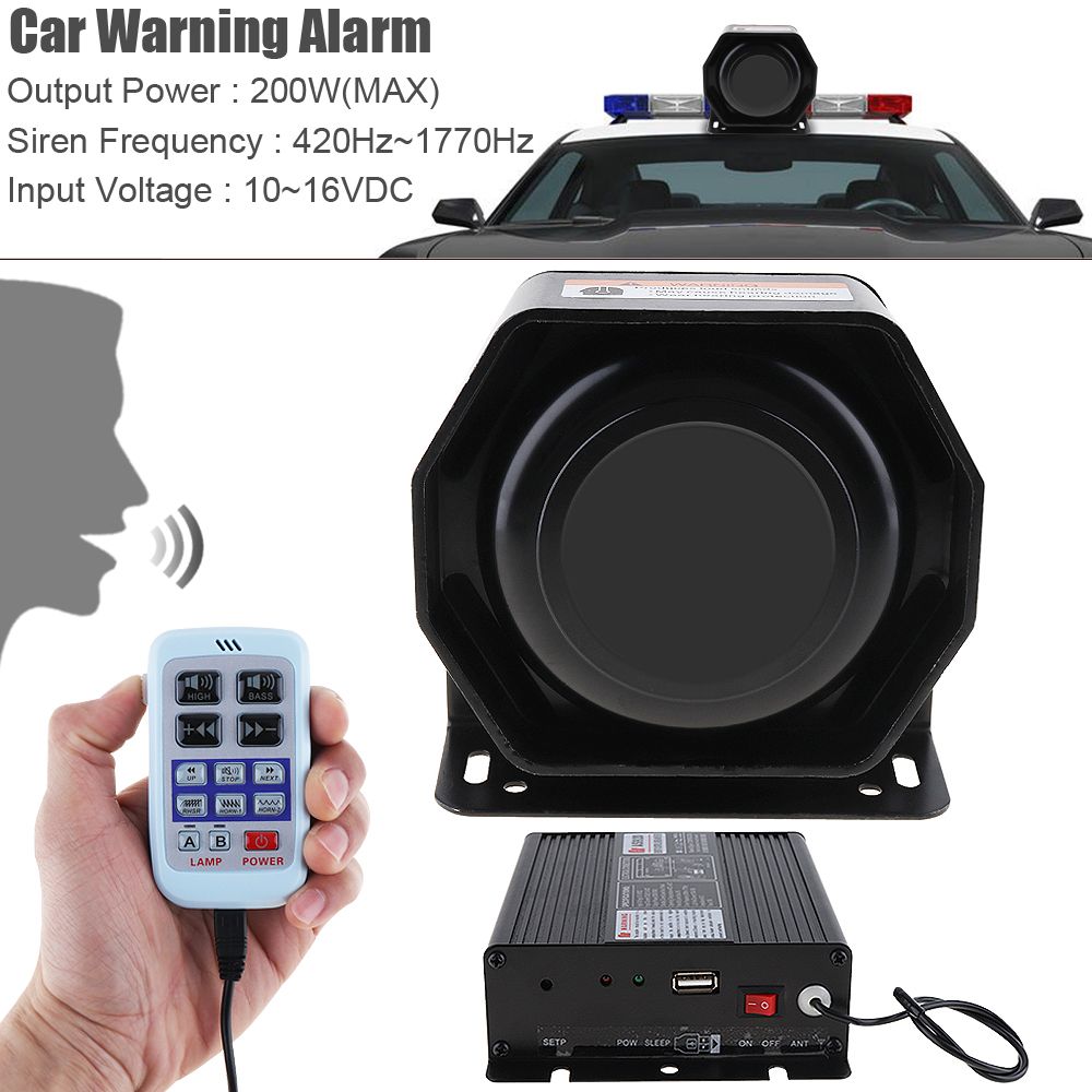 12V 200W 9 Tone Loud Car Warning Alarm Police Siren Horn Speaker With