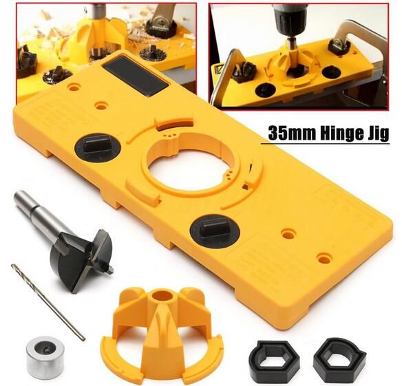 35mm Forstner Bit Guide Hole Puncher Hole Locator Cup Style Concealed Hinge Jig DIY Tool for Cabinet Door Installation Hinges Yellow 35mm Hinge Drilling Jig