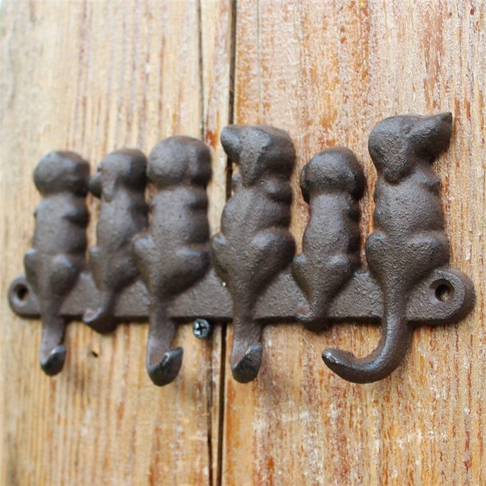 Dog Woof Key Holder Cast Iron Wall Mounted 3 Hooks Rustic Brown Antique Style 