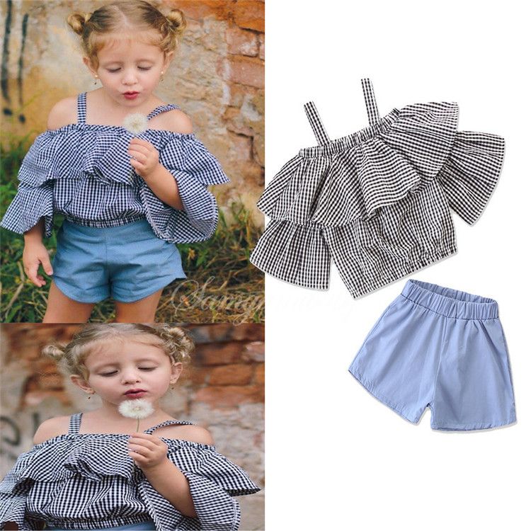 2018 niñas de moda para niños ropa conjunto liguero pantalones cortos pantalones vaqueros 2 unidsset