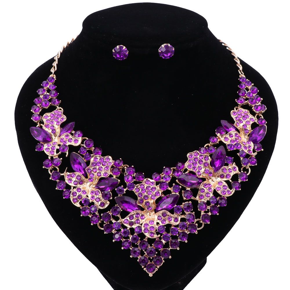 Silver Plated Purple Crystal Swans Necklace Bracelet And Earrings Set