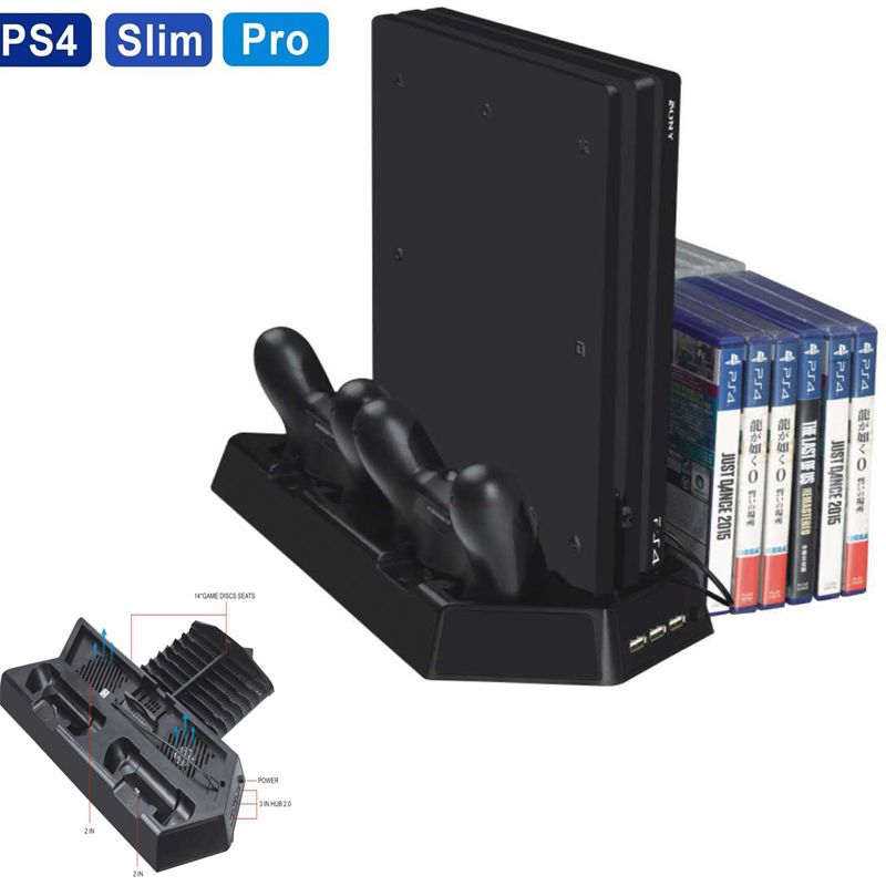ambulancia En realidad Disminución Cargador multifuncional para controlador Base de soporte vertical  Ventilador para PlayStation 4 Fat, PS4 Pro, PS4