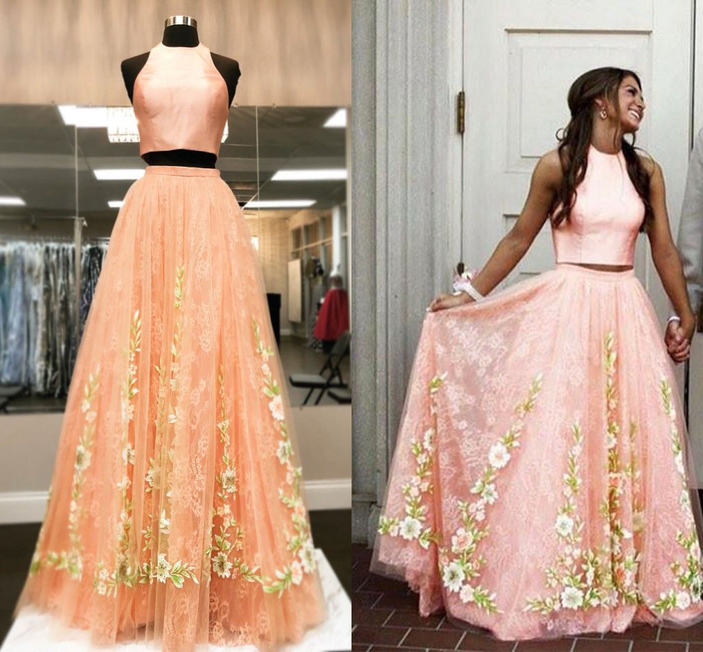 orange two piece prom dress