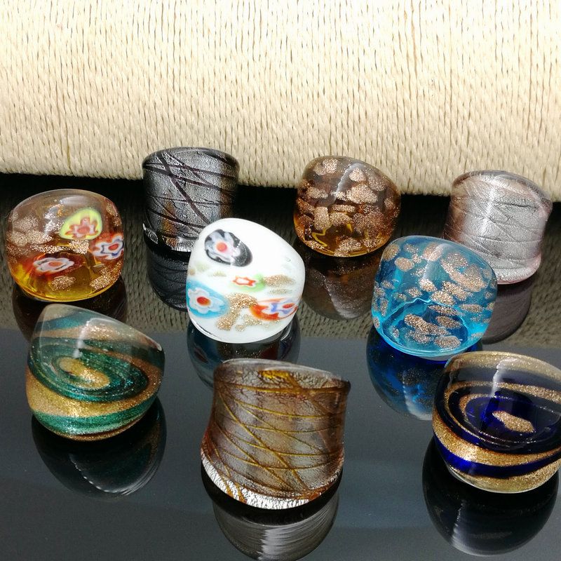 Venta al por mayor 9 piezas de color de la mezcla de cristal de Murano anillos de Murano 17-19 mm anillo de la banda modelo mixto al azar