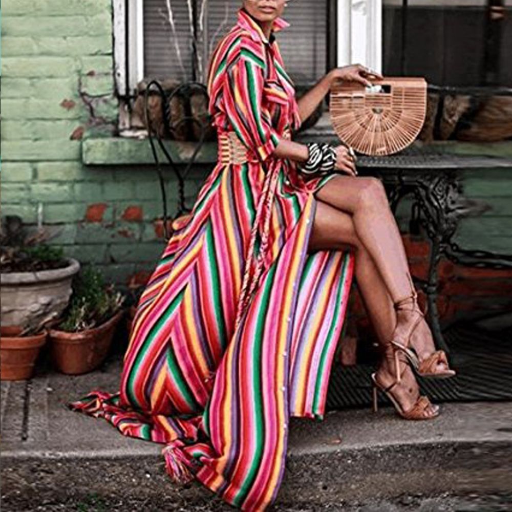 bohemia striped shirt maxi dress