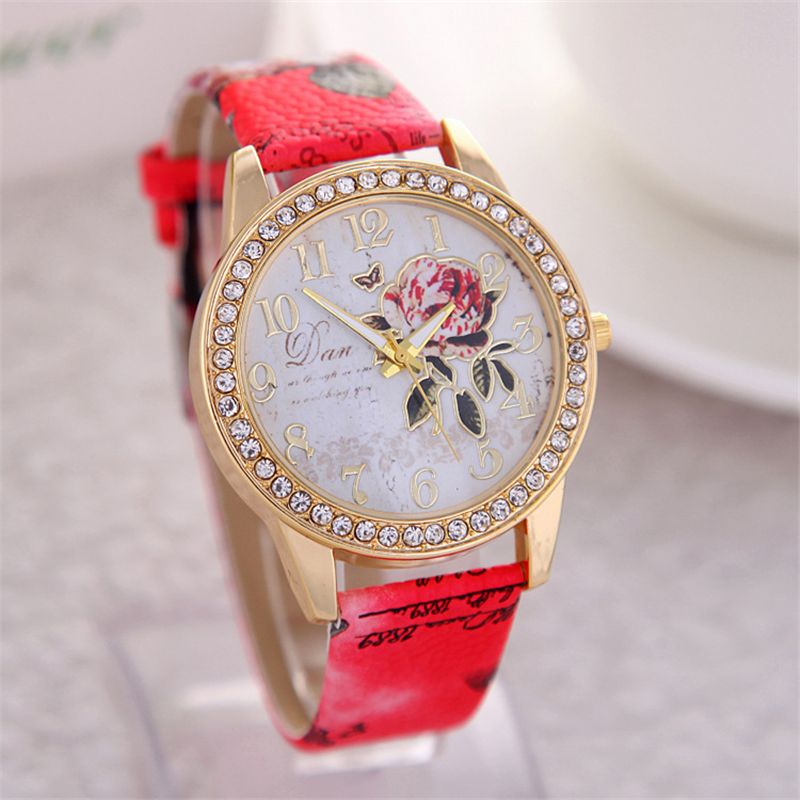 Fashion Printed Leather Ladies Watches Diamond Rose Pattern Gold Shell Quartz Watch Women Girl Party Gift New Causal Dress Watch 24 Hour Wristwatch Watch From Bhry1688 1 84 Dhgate Com