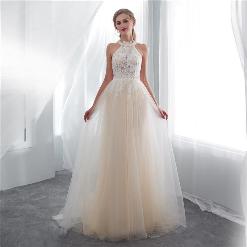 Vestidos de novia de encaje de cuello alto de imagen real Apliques Una línea Sin mangas Vestidos de novia de encaje de cuello alto de imagen real Apliques Una línea Sin mangas