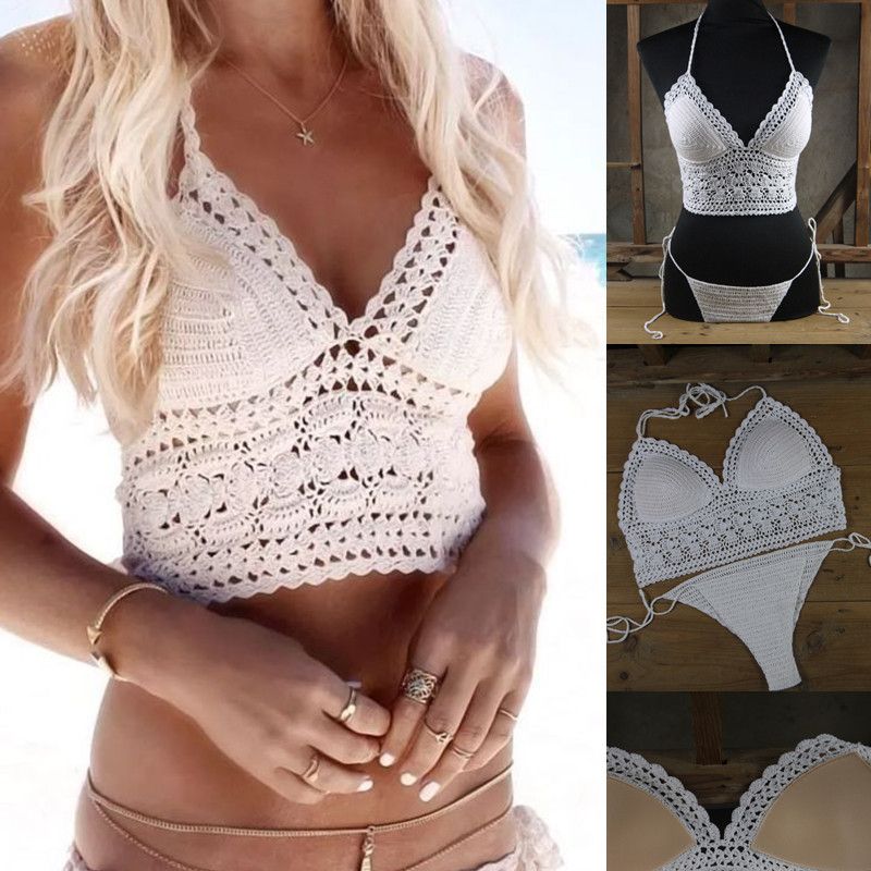 Compre Conjunto De Bikini De Crochet A Medida, Falda De Tirantes, Hermoso Sujetador De Crochet Traje De Baño Push Up, Camiseta De Verano, Ropa De Verano, Camiseta De Fiesta, Camiseta De Crochet