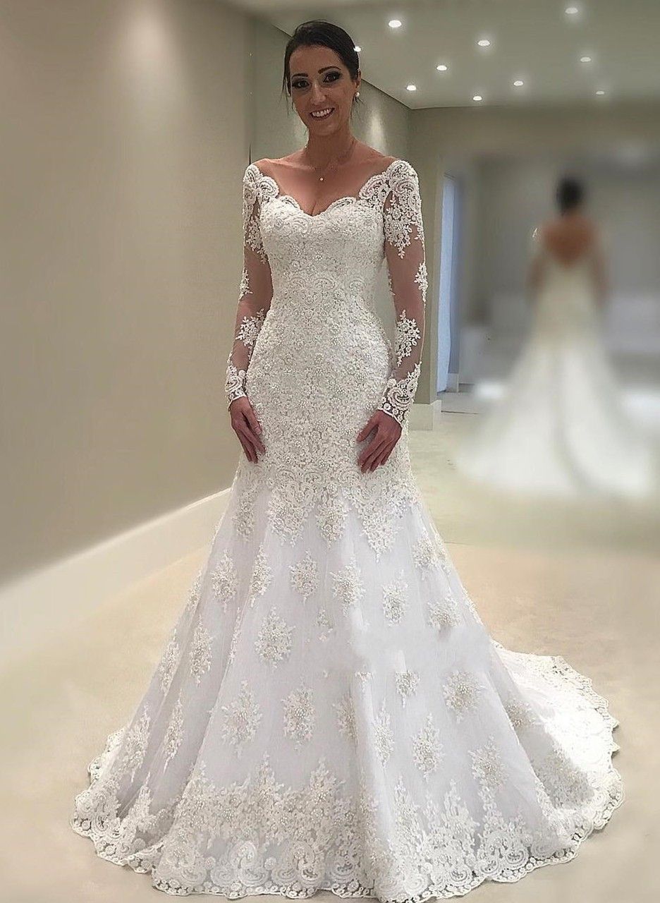 Discount Vintage Illusion Long Sleeves Wedding Dresses V Neck Lace Mermaid Wedding Dress Sweep Train Low Back Sexy Country Style Bridal Gowns Cheap Beach Wedding Dresses Designer Dresses From Click Me 141 14 Dhgate Com