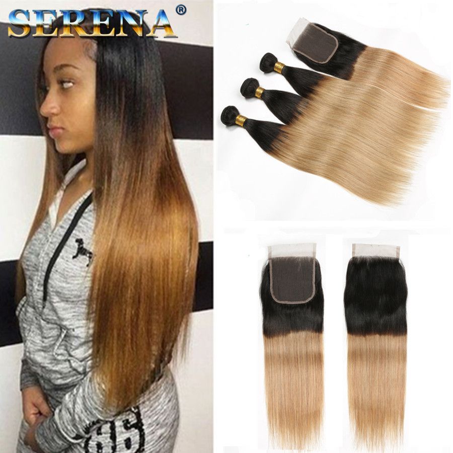 2019 Indian Virgin Straight Hair With Closure Ombre Hair Bundles