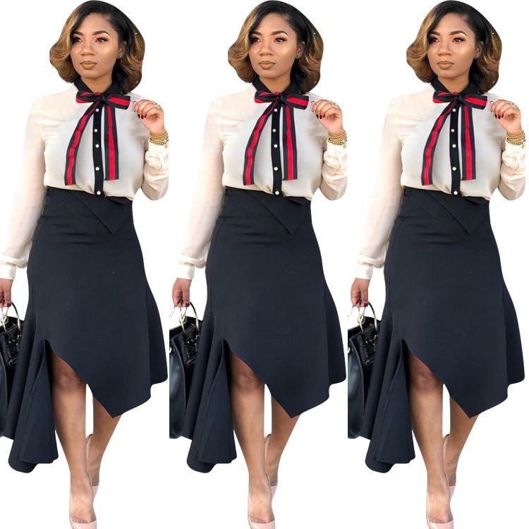 2019 New Two Pieces Long Sleeves Shirt And Black Skirt Bow Lapel