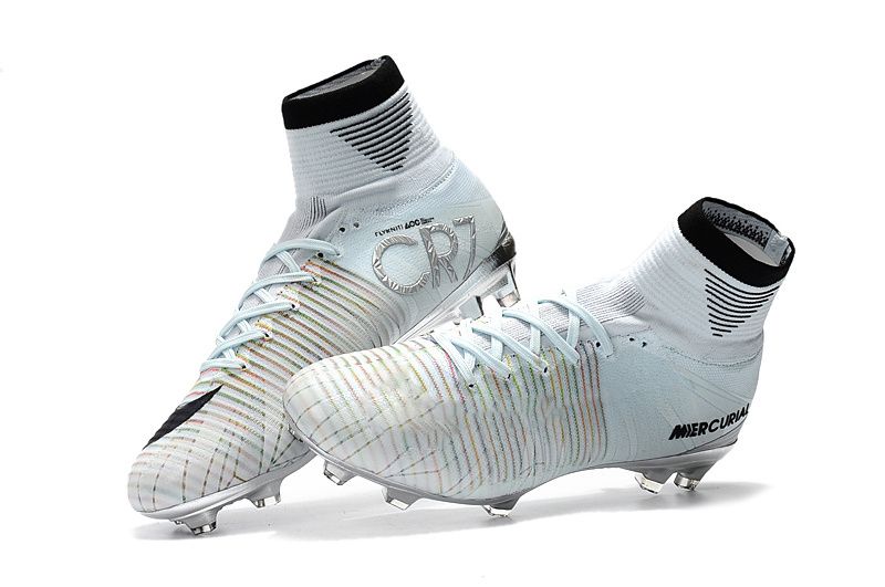 Botas de fútbol de plata blanco CR7 100% Tacos de fútbol Mercurial