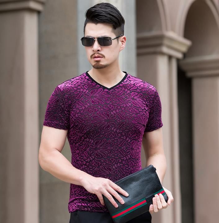 Takke Athletic midler Men's Silk velvet T Shirt Men Casual Short Sleeve Floral Pattern Design Hollow See Through T Shirts Slim Fit Tees Soft Thin Takke Athletic midler Men's Silk velvet T Shirt Men Casual Short Sleeve Floral Pattern Design Hollow See Through T Shirts Slim Fit Tees Soft Thin