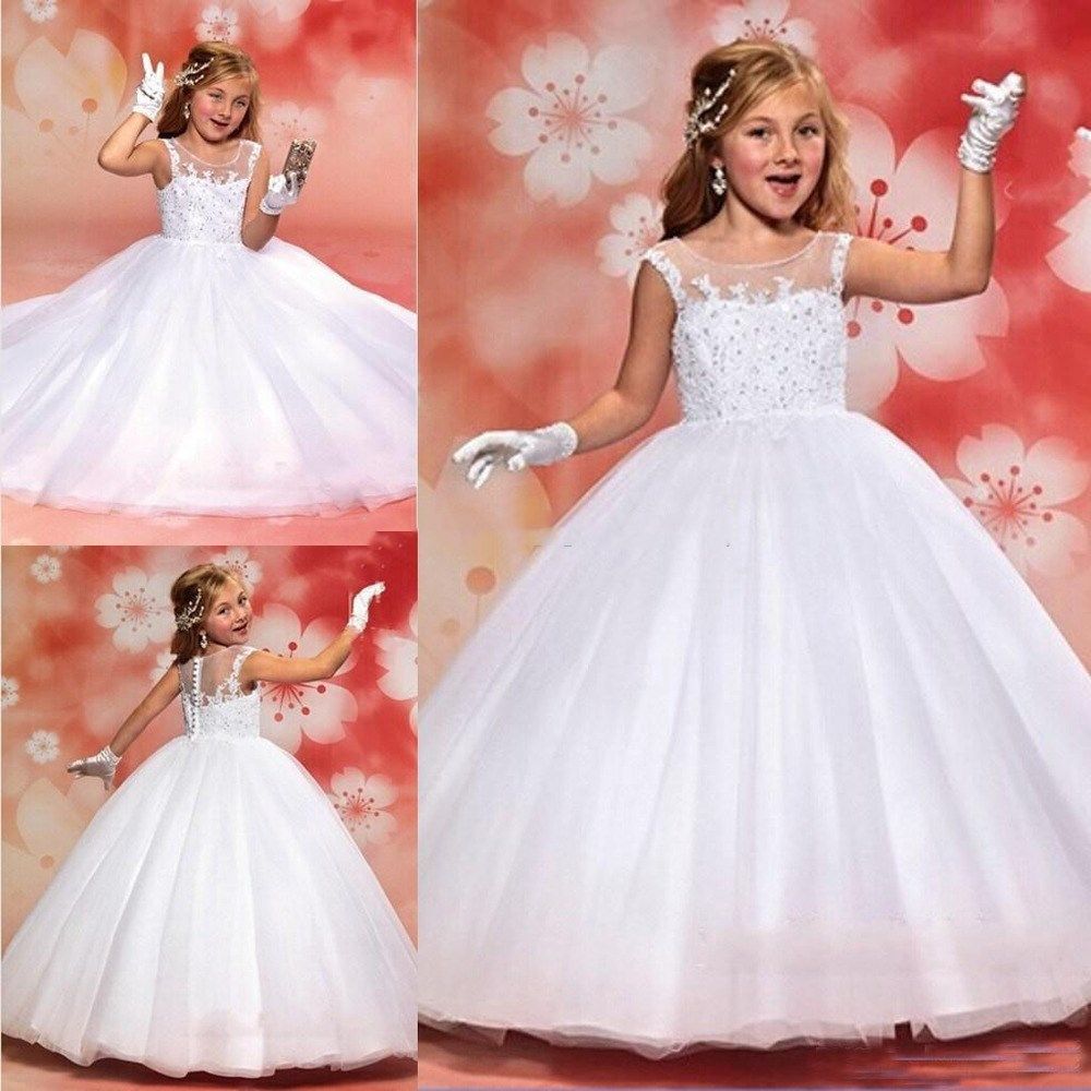Princess Ball Gown Tulle White Appliques Beaded Ruffle Capped Floor Length Kids Formal Wear