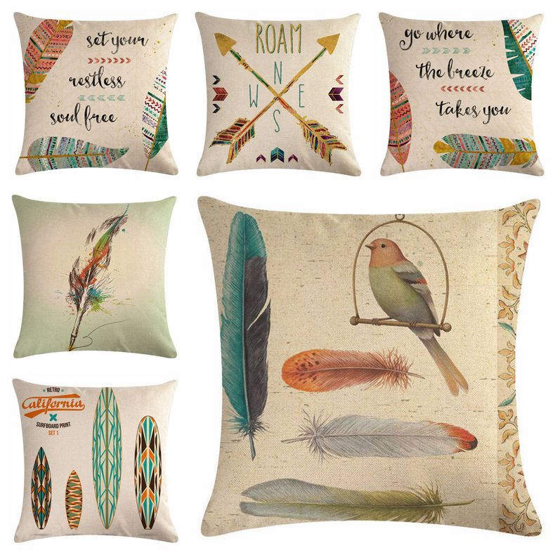 Retro Home Decor Feather Cushion Cover Vintage Arrow Bird Lounge