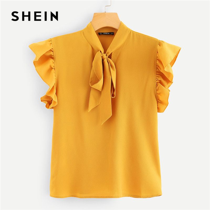 Compra SheIn Mostaza Elegante Oficina Lady Fluje Hombro Cuello Atado Cuello  Floral Solid Ruffle Blusa 2018 Verano Mujeres Tops Y Blusas Barato |  Entrega Rápida Y Calidad | Es.Dhgate