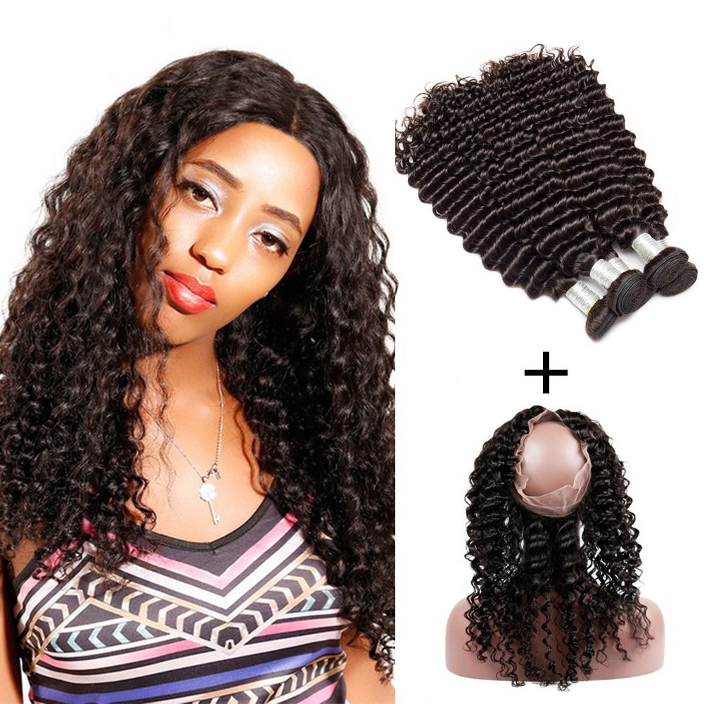 Brazilian Deep Wave 7a Grade Human Hair 3 Bundles With 360 Closure
