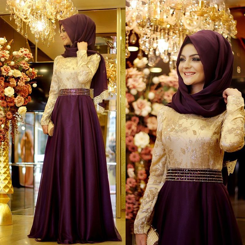 2018 Muslim Evening Dress With Hijab Chiffon Skirt Long Sleeve