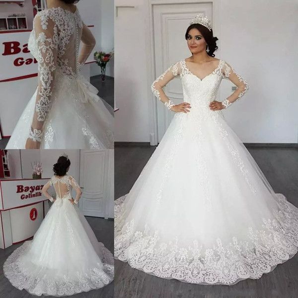 2020 Lace Ball Gown Wedding Dresses V Neck Lace Applique Bridal