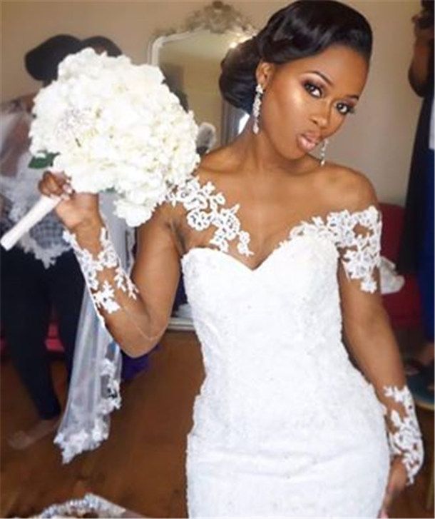 Elegant African American Black Girl Wedding Dress 2018 Mermaid