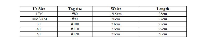 Girls Shorts Size Chart