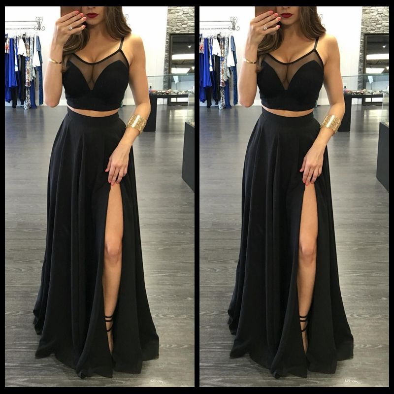 Compra Sexy Illusion Negro Dos Piezas Vestidos De Baile 2018 Frente Split  Correas Espaguetis Fiesta Formal Larga Vestidos De Fiesta Vestidos Fiesta  De Noche Barato | Entrega Rápida Y Calidad | Es.Dhgate