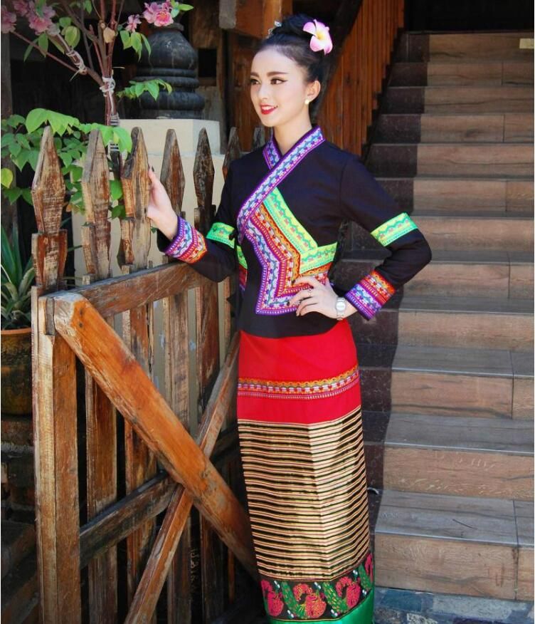Traje De Yunnan Dai Chino Tradicional Ropa Moderna Retro Negro Femenino De Manga Larga Vestido De Fiesta Foto Actividad + Falda De € |