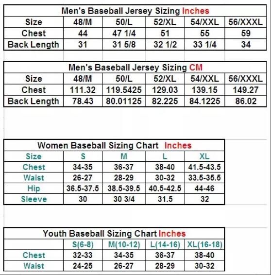 mens baseball jersey size chart