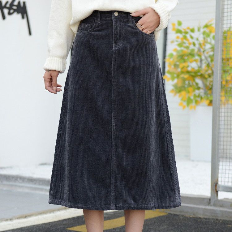 2017 Mujeres de Cintura Otoño Falda de Corduroy Mujeres Falda Larga de Color Caqui