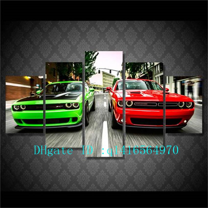 2020 Challenger Green Red Cars Canvas Prints Wall Art Oil