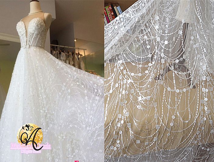 environ 0.91 m 1 Yd 130 Cm Large Paillettes Tassel Tulle Maille Tissu En Dentelle pour Robe de mariée robe de 