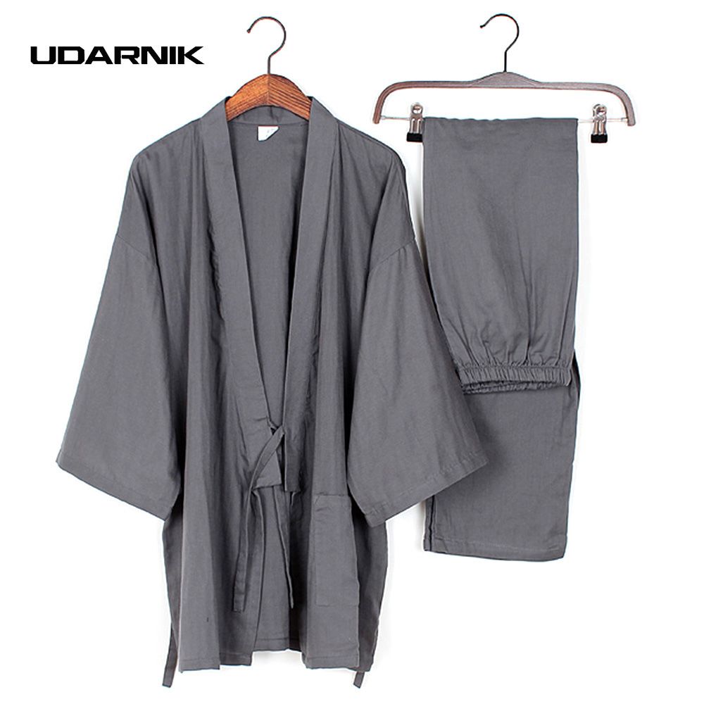 Men Cotton Winter Long Kimono Pajamas Pants Set Home Wear Nightwear Japanese New