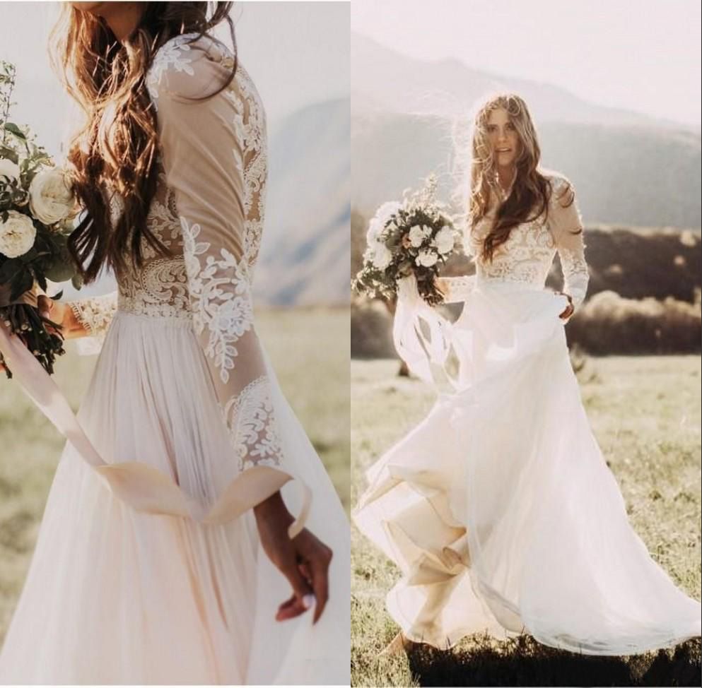 Vestidos bohemios de boda de campo con mangas largas transparentes redondo de encaje