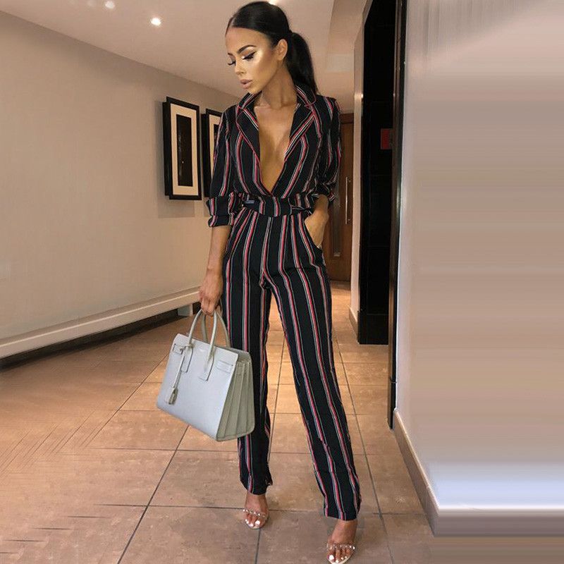 v neck striped jumpsuit