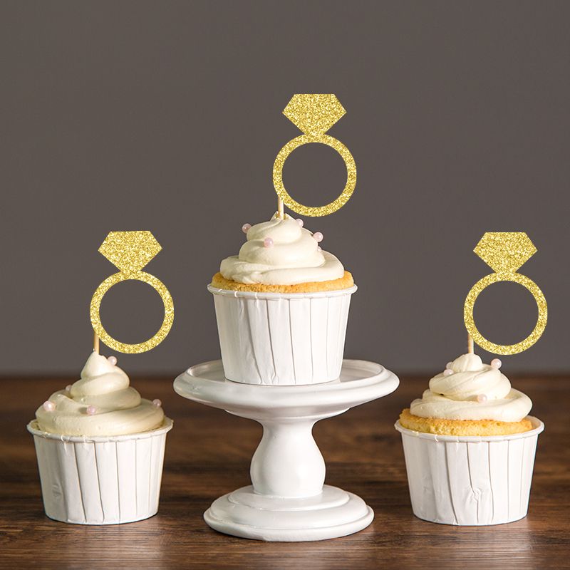 Gold Silver Black Glitter Diamond Ring Cupcake Toppers Bridal