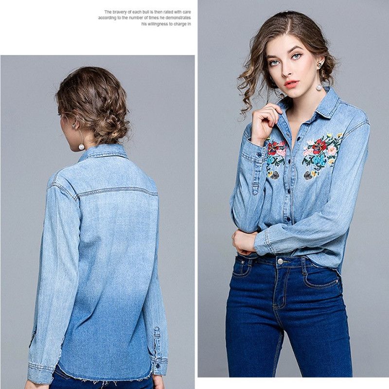 Discount Spring Denim Shirts Women Vintage Embroidery Floral Long ...