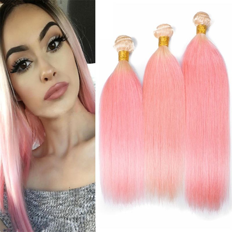 Bleach Blonde To Pink Ombre Hair Weaves 3 Bundles Silky Straight