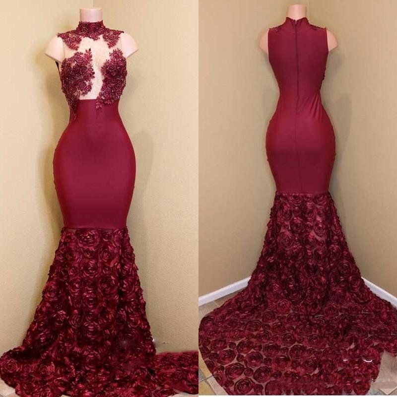 Dark Red 3D Rose Flower Prom Dresses Sexy High Neck Lace Appliques